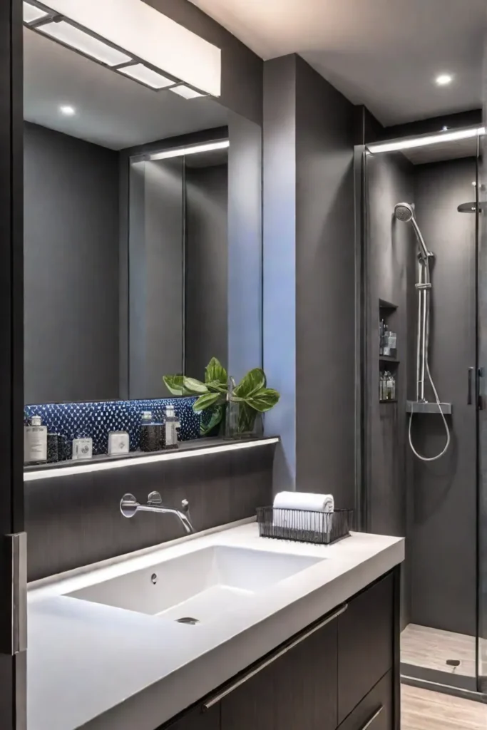 Small bathroom with vanity with integrated storage and dualflush toilet