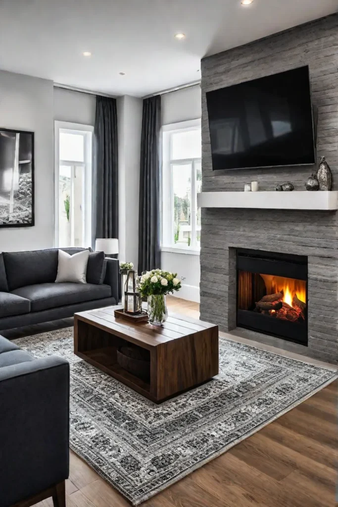 Small living room with a fireplace and spacesaving layout