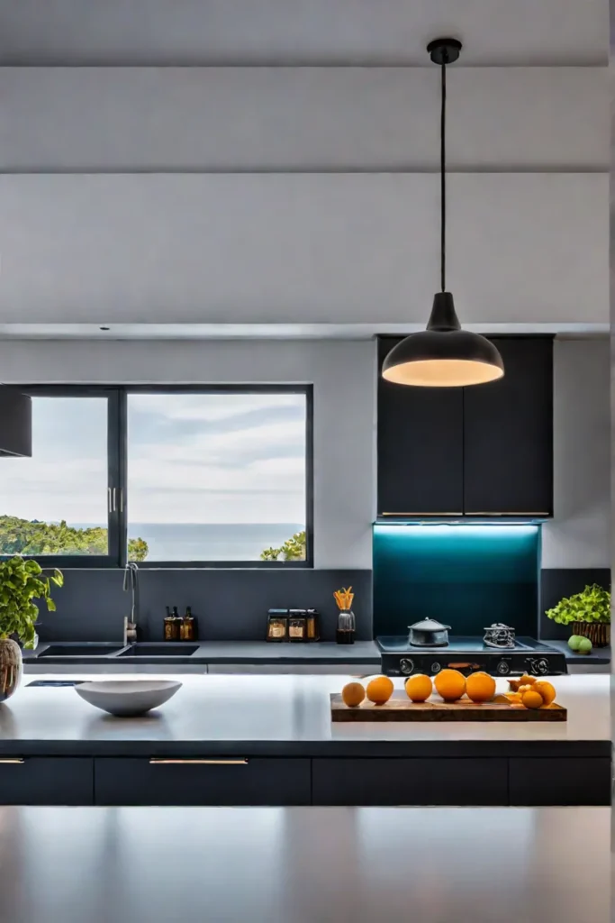 Smart lighting system in a modern kitchen providing customizable ambiance and mood lighting