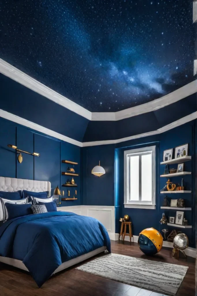 Spacethemed playroom with rocket ship and stars