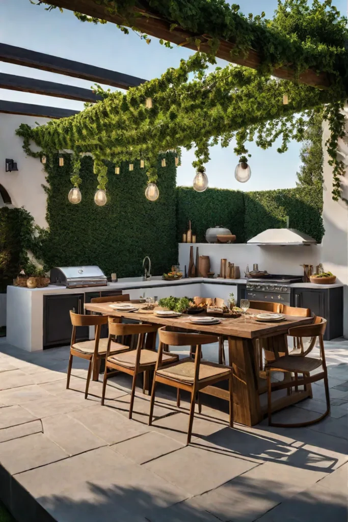 Spacious backyard patio with outdoor kitchen and pergola