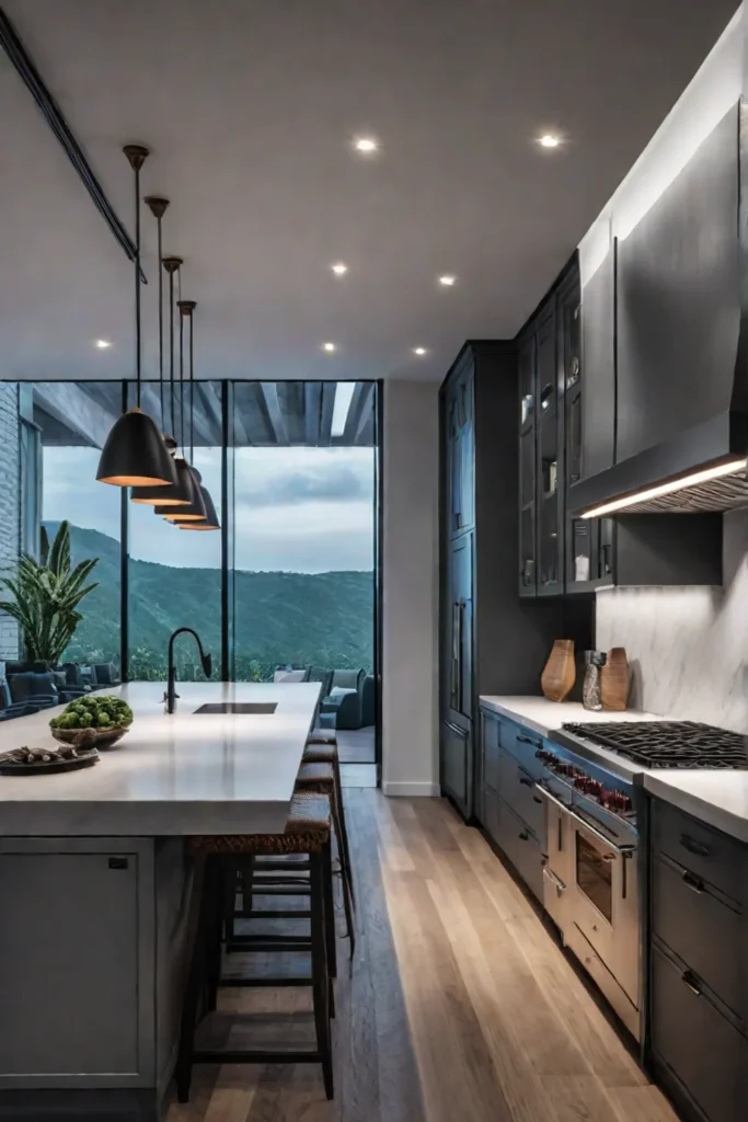 Spacious kitchen with linear pendant lighting over island