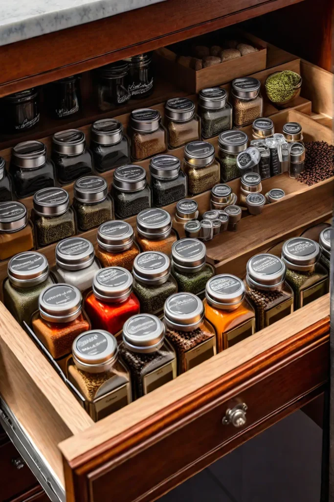 Spice drawer insert with tiered racks holding spice jars in alphabetical order