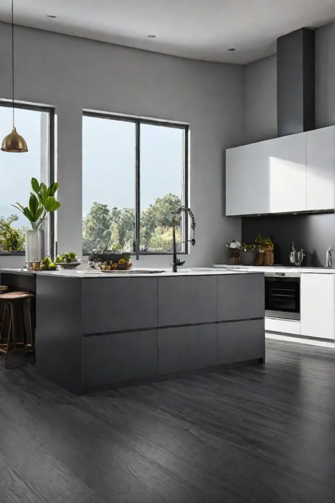 Stylish kitchen with laminate flooring resembling natural stone