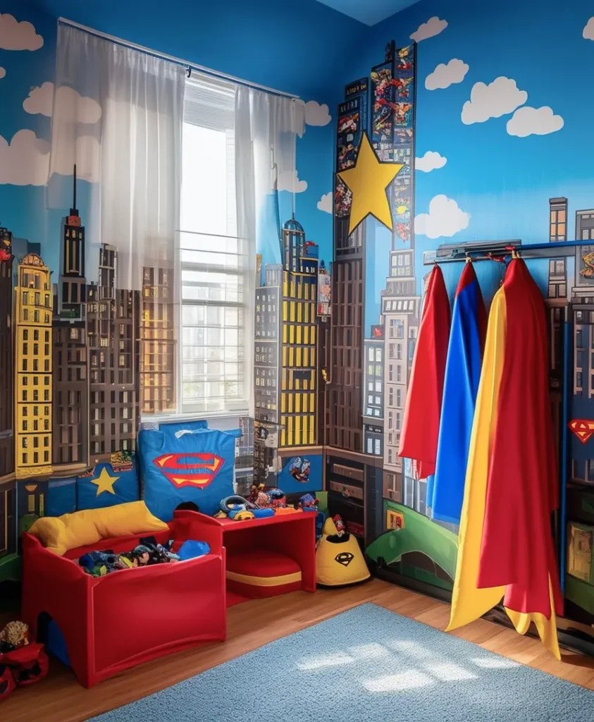 Superhero themed playroom with cityscape mural and costumes
