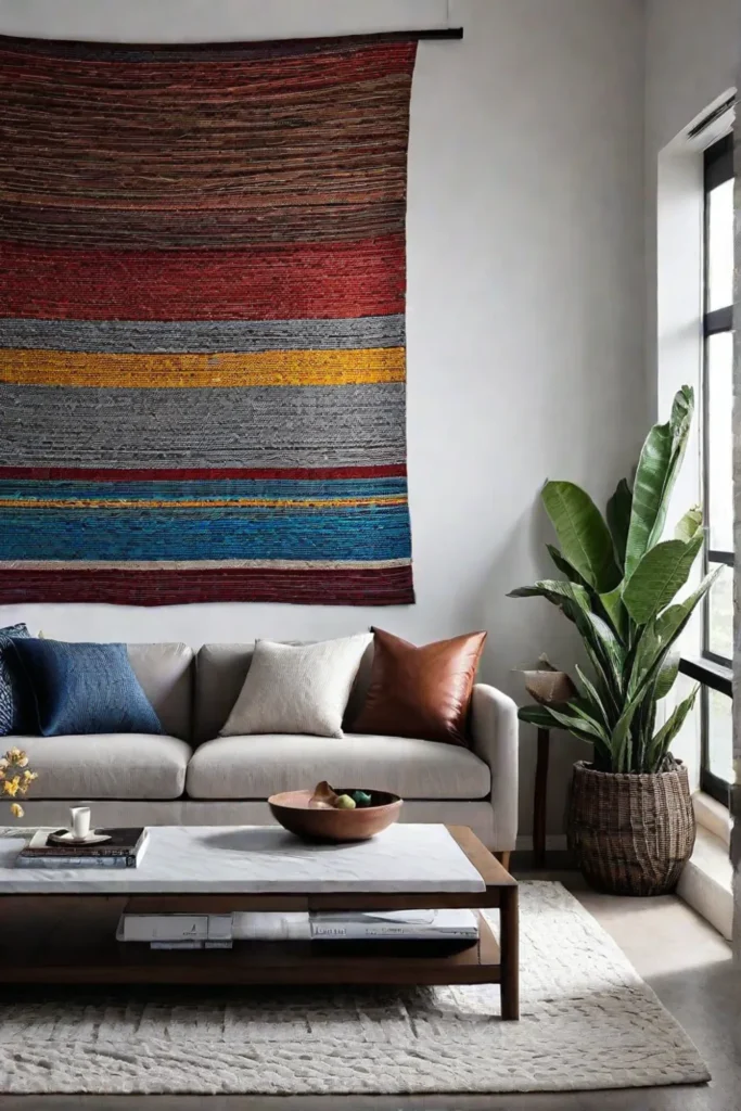 Sustainable living room with recycled tapestry