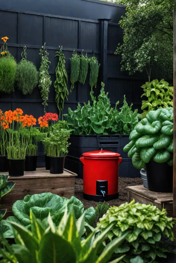 Sustainable vegetable garden with compost bin