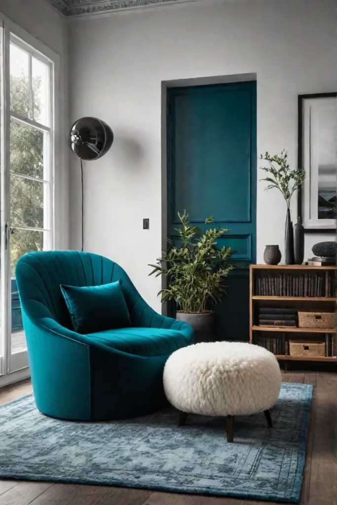 Teal velvet armchair with chunky knit pouf sheepskin rug and a woven