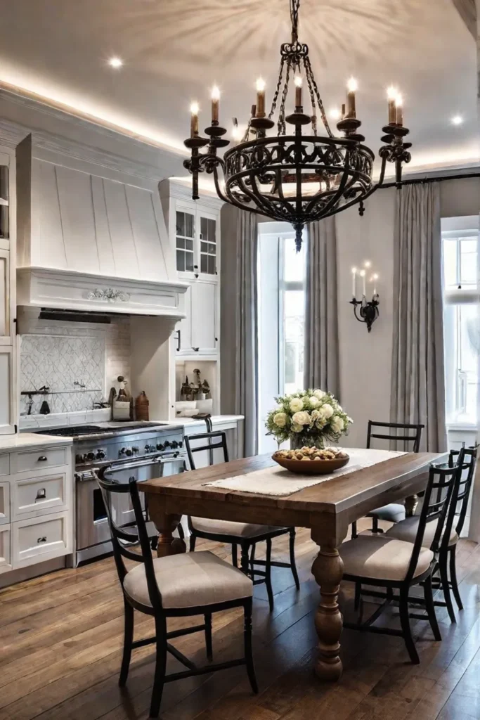 Traditional kitchen with wroughtiron chandelier