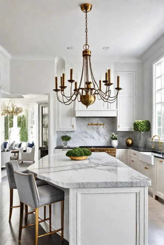 Transitional kitchen with brass chandelier