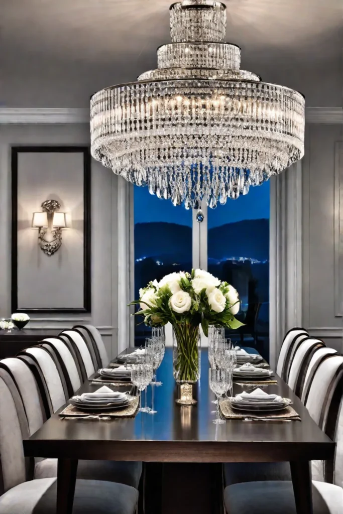 Transitional kitchen with glass chandelier