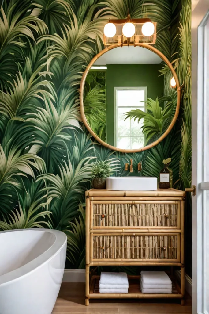 Tropical bathroom with palm leaf wallpaper and bamboo vanity