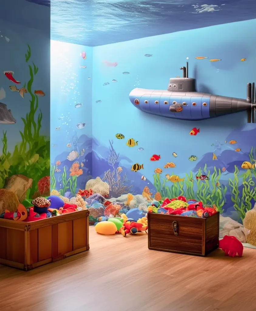 Underwater themed playroom with submarine play structure