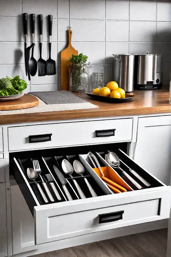 Utensil organizer with compartments for various kitchen tools in a welllit drawer