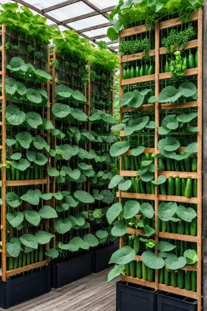 Vegetable garden with trellis and climbing plants