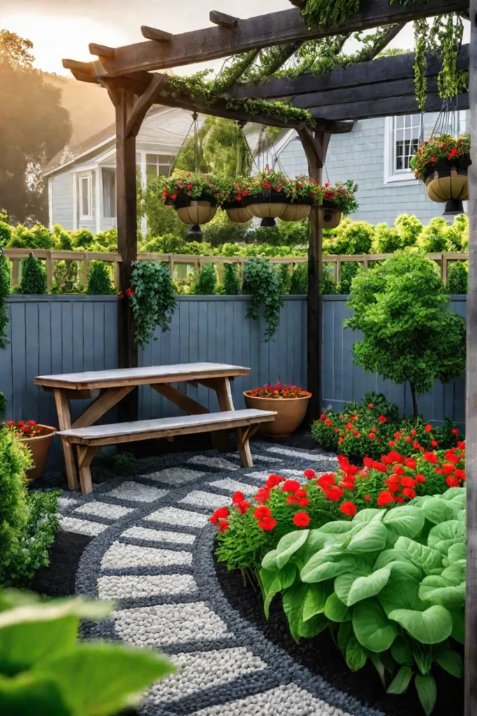 Vegetable garden with trellis and patio