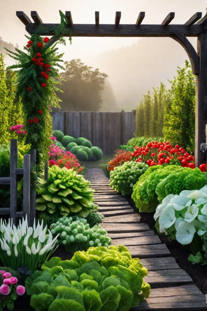 Vegetable garden with wooden archway and flowers