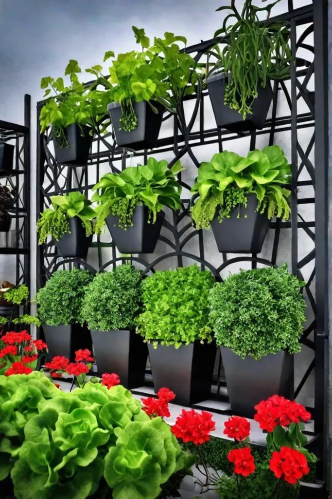 Vertical garden with trellises and hanging planters