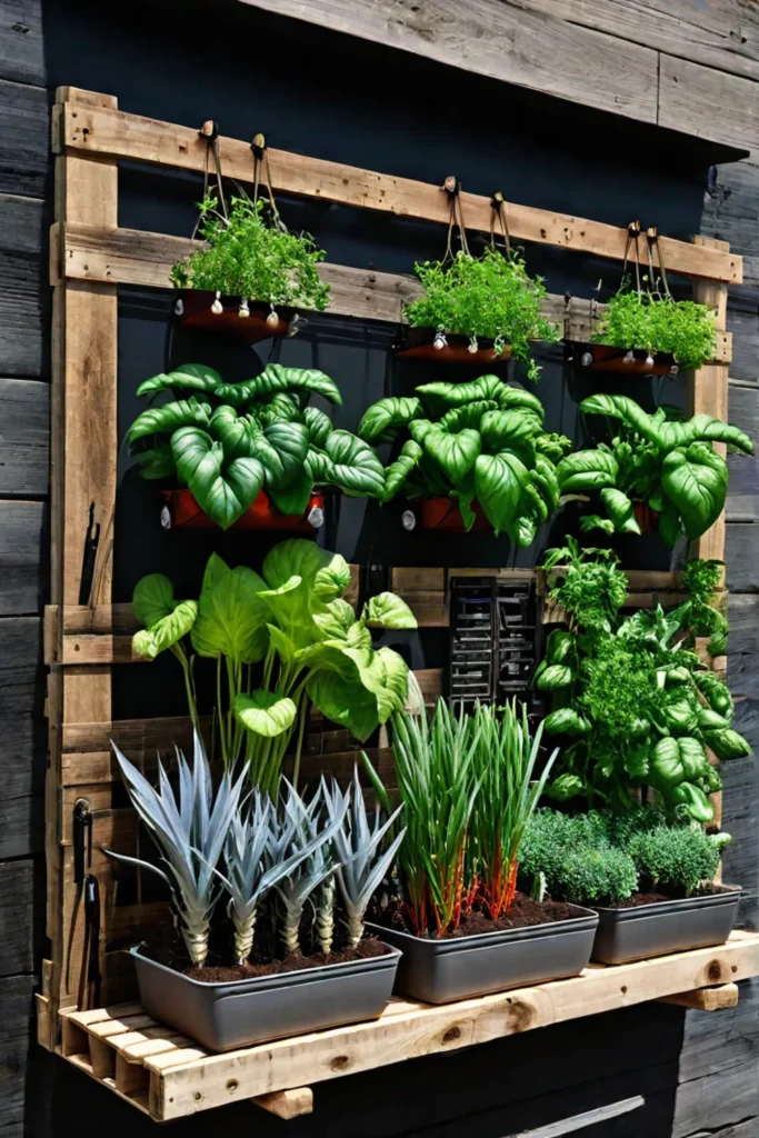 Vertical vegetable garden made from recycled pallets with lush greenery