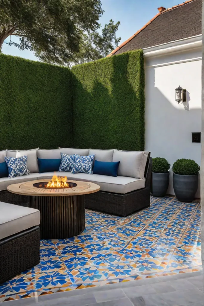 Vibrant backyard patio with colorful tile floor and grill