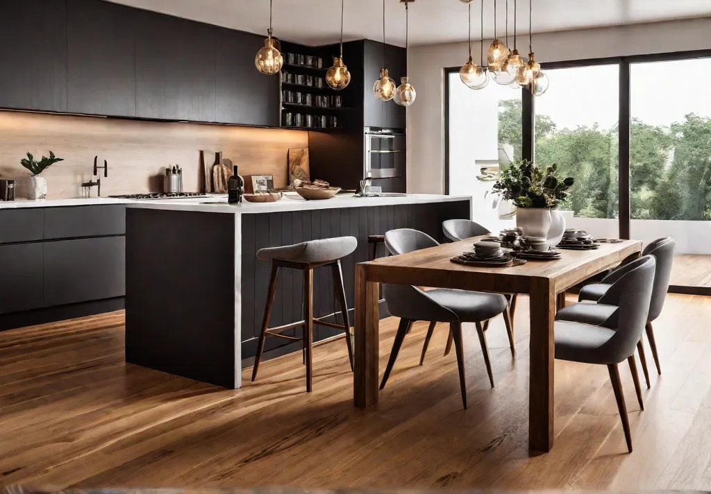 Warm and inviting kitchen with classic hardwood flooring in a rich honeytonedfeat