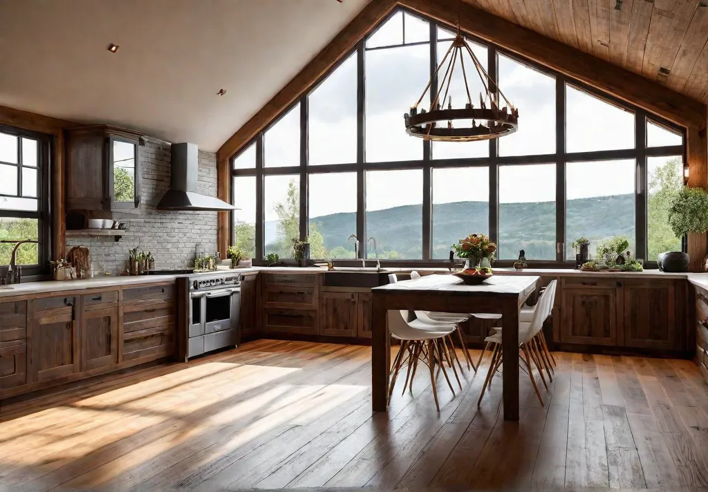 Warm and rustic hardwood flooring in a cozy kitchen with exposed beamsfeat