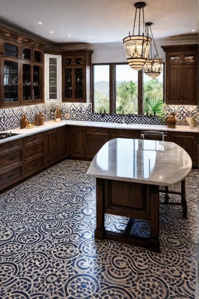 a kitchen with a tile mosaic floor white cabinets and Mediterraneaninspired decor