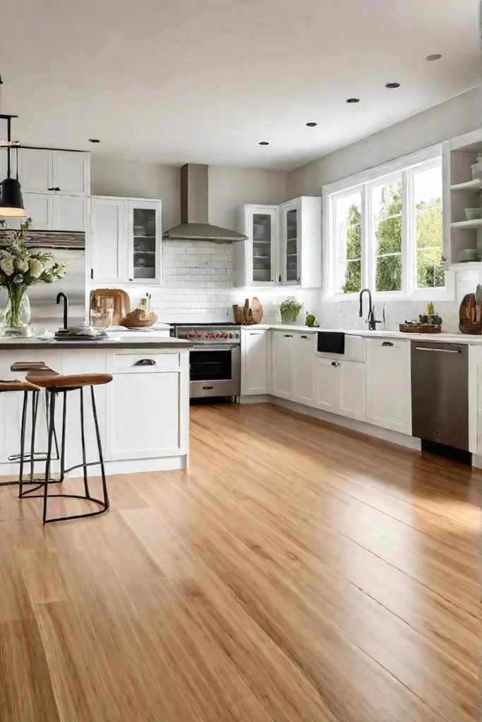 a kitchen with bamboo flooring white cabinets and large windows