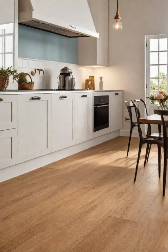 a kitchen with cork flooring wooden cabinets and a farmhouseinspired design