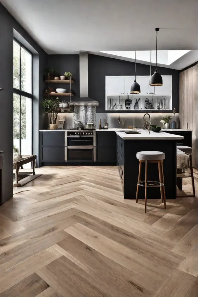 a kitchen with herringbone hardwood flooring a mix of modern and traditional