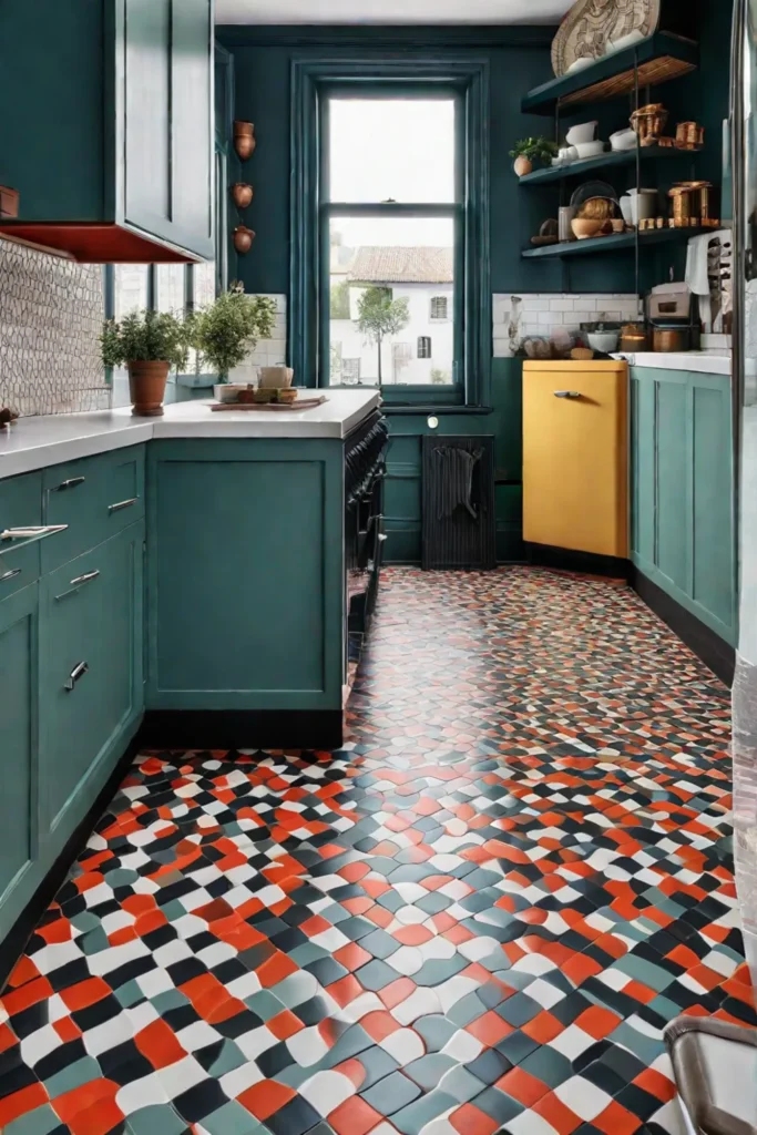 a kitchen with linoleum flooring in a 1950sstyle design