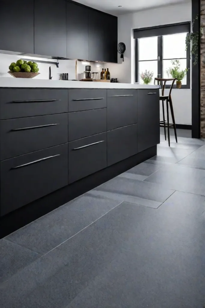 a kitchen with rubber flooring contemporary cabinets and a cozy inviting atmosphere