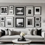 A breathtaking gallery wall in a modern living room featuring a mixfeat