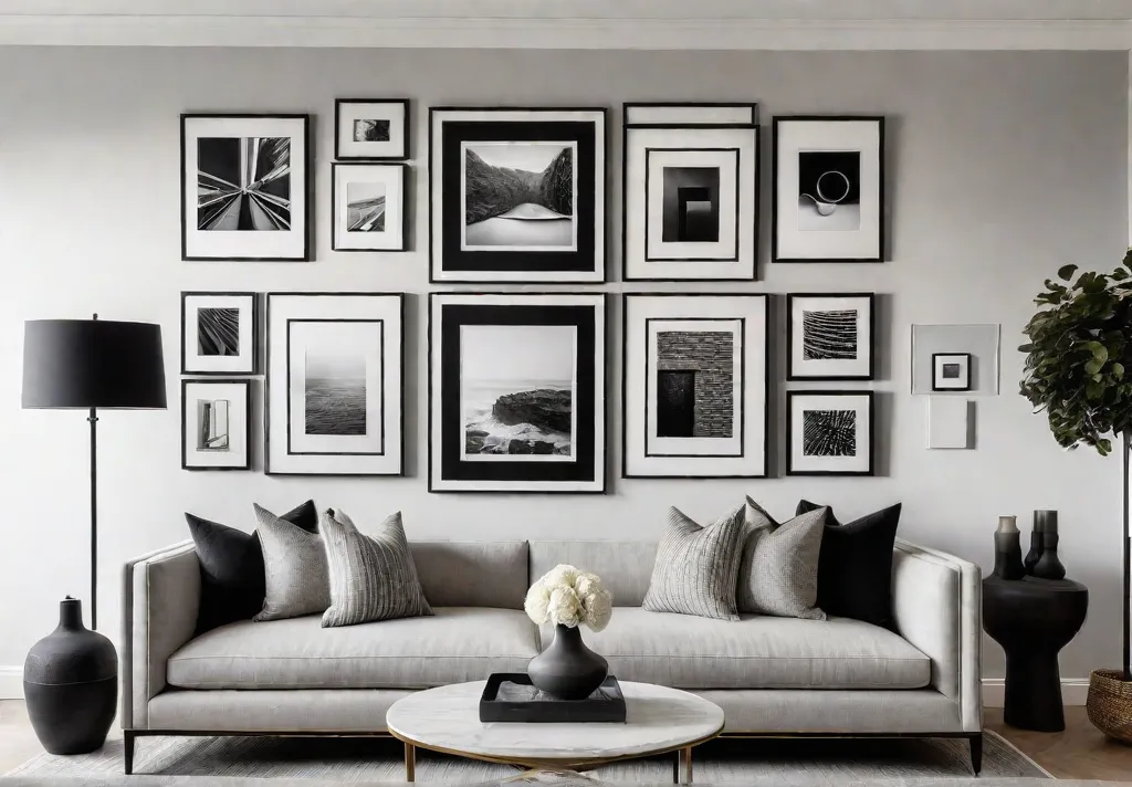 A breathtaking gallery wall in a modern living room featuring a mixfeat