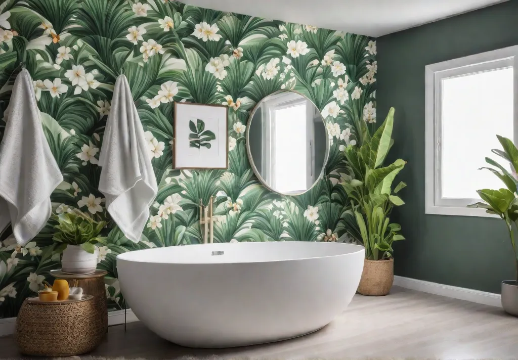 A bright airy bathroom with removable floral wallpaper on an accent wallfeat