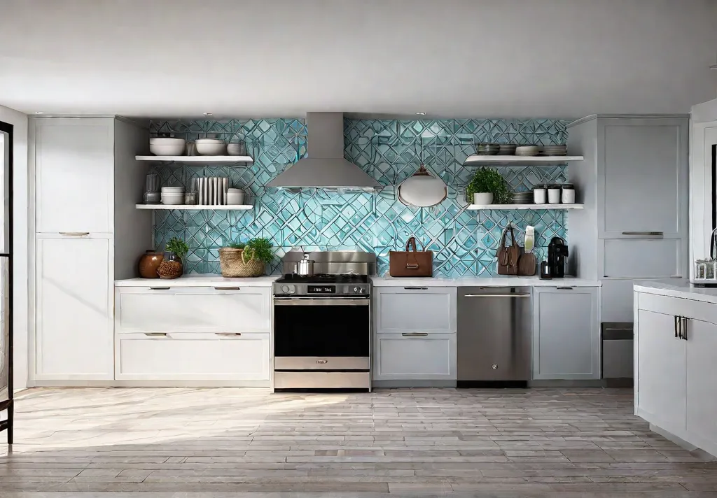 A bright and airy kitchen featuring a vibrant peelandstick tile backsplash infeat