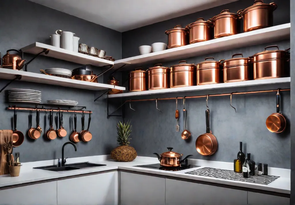 A bustling brightly lit kitchen with shelves stacked high above the countersfeat