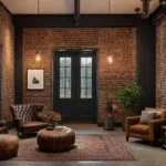 A cozy living room corner featuring an exposed brick wall with afeat