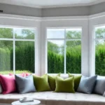 A cozy window seat nestled beneath a large bay window bathed infeat