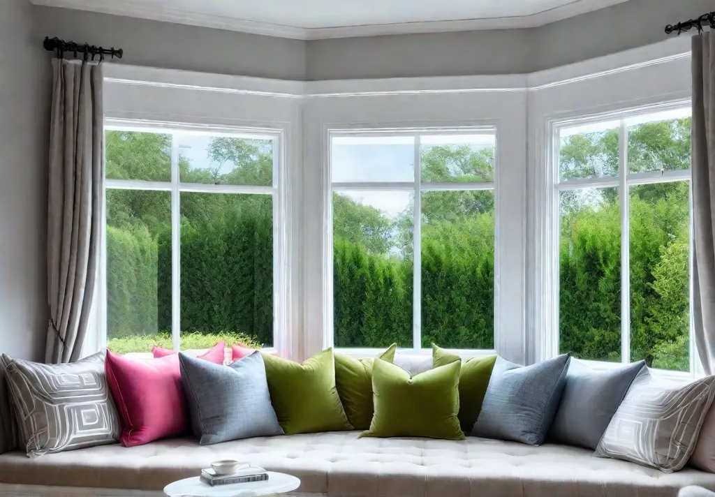 A cozy window seat nestled beneath a large bay window bathed infeat