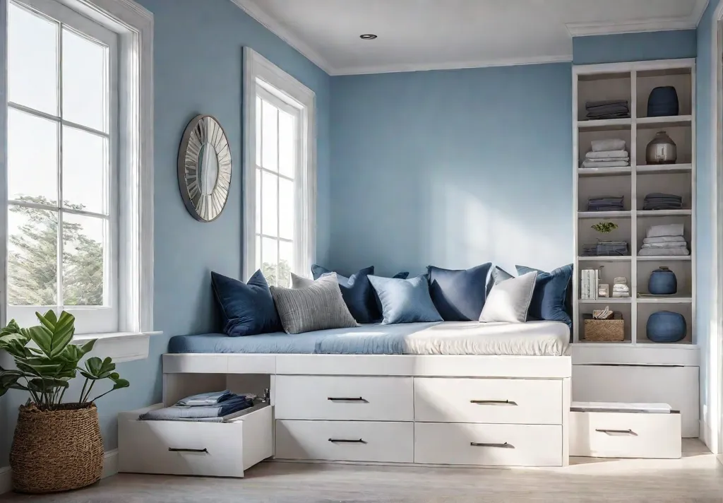 A cozy window seat nook bathed in natural light featuring builtin drawersfeat