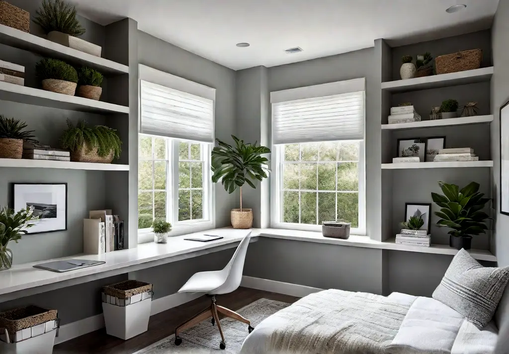 A cozy window seat transformed into a home office