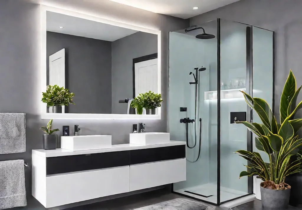 A modern bathroom with a large mirror above a white vanity Thefeat