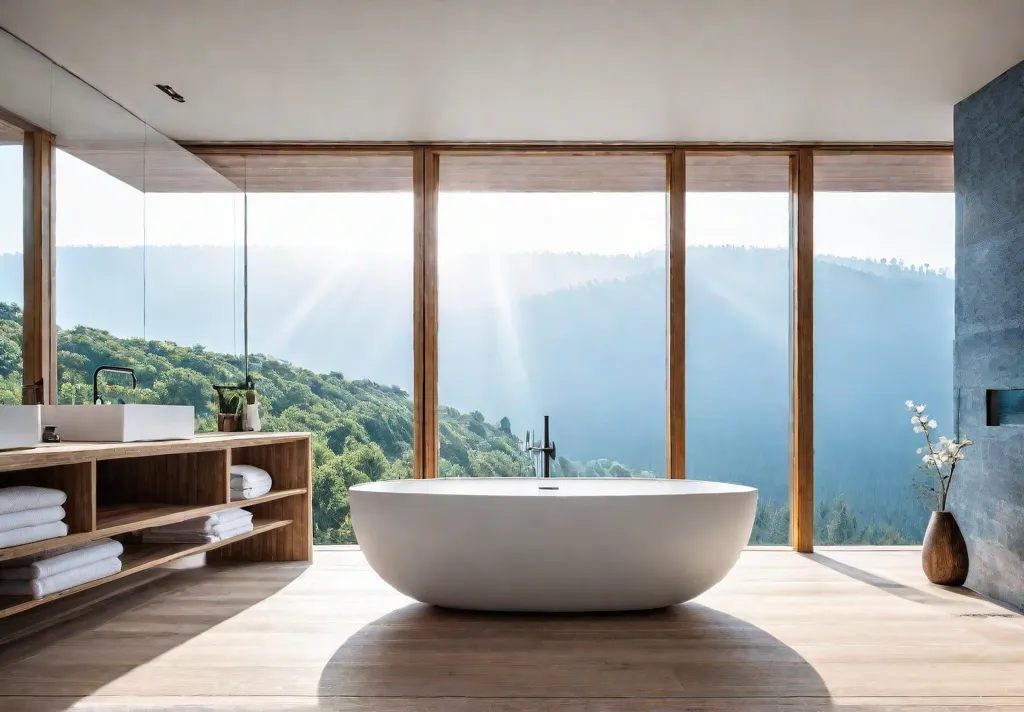 A modern bathroom with a minimalist design featuring a freestanding bathtub largefeat