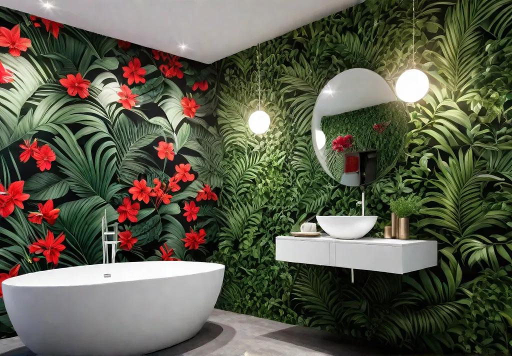 A modern bathroom with sleek fixtures featuring a statement wall covered infeat