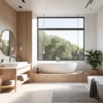 A serene bathroom with clean lines a neutral color palette and naturalfeat