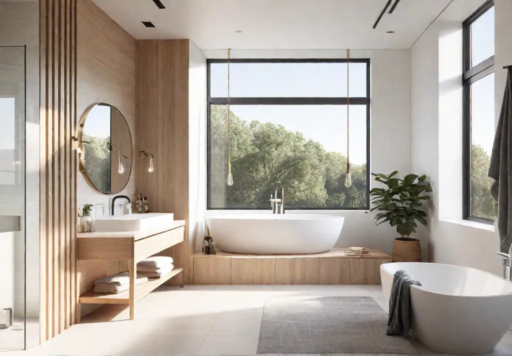 A serene bathroom with clean lines a neutral color palette and naturalfeat