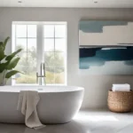 A serene minimalist bathroom bathed in soft natural light featuring a largefeat