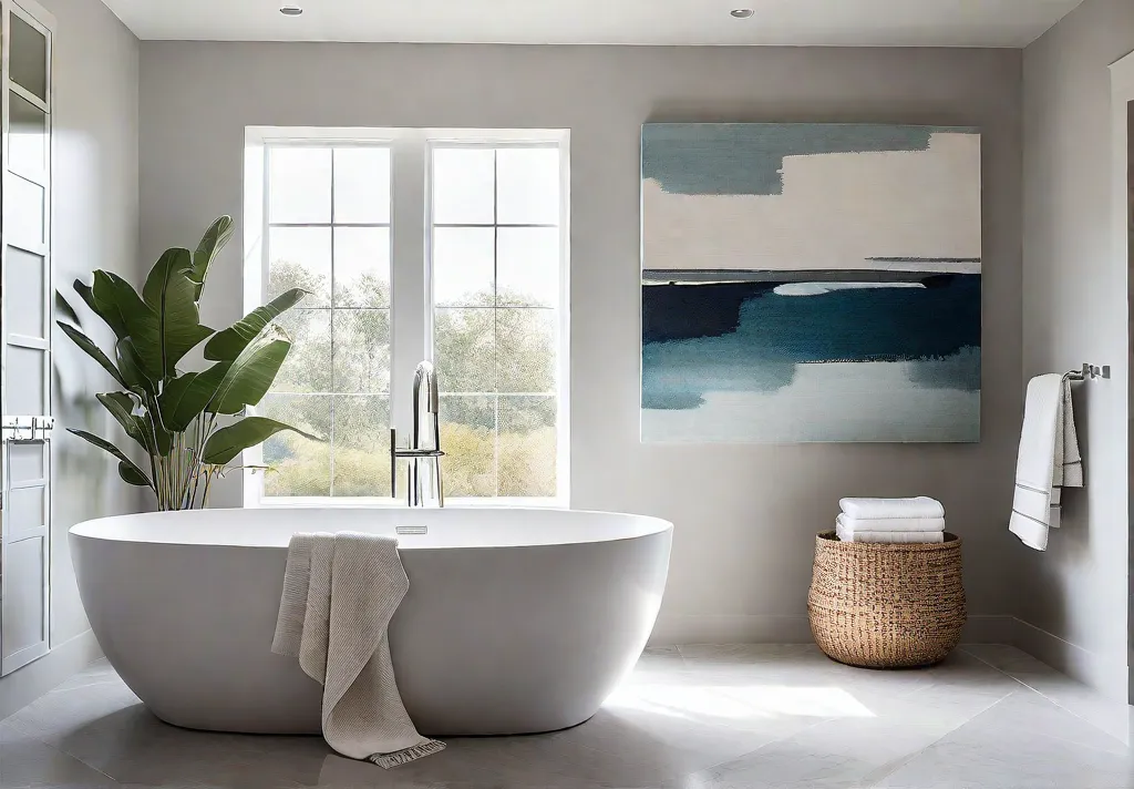 A serene minimalist bathroom bathed in soft natural light featuring a largefeat