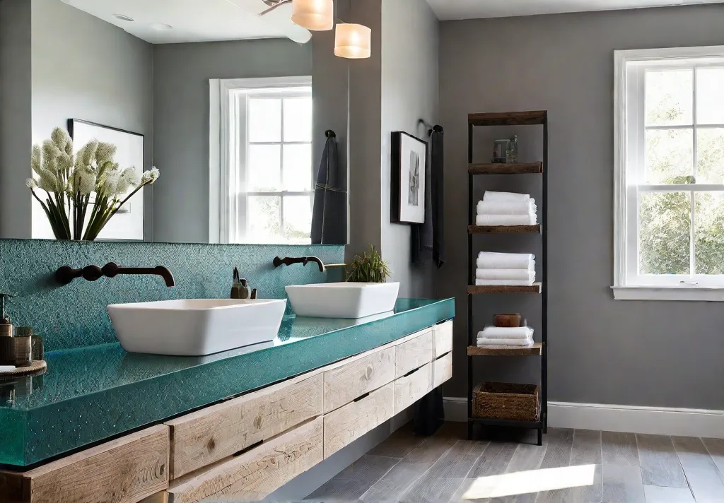 A serene minimalist bathroom with a focus on sustainability featuring recycled glassfeat